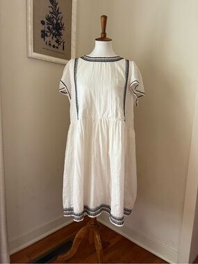 Loft Cream Cotton Dress with Black Embroidered Trim